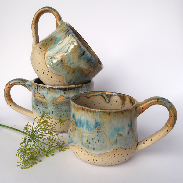 Handgemachte Tasse, Keramiktasse, Unikat, handmade, Glasur, Verlauf, orange, blau
